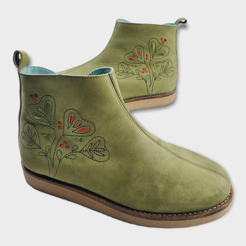 Olive Green Embroidered Leather Ankle Boots - Women